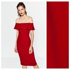 Zara Basic Red Off-the-shoulder Midi Cocktail Dress Size Large $90
